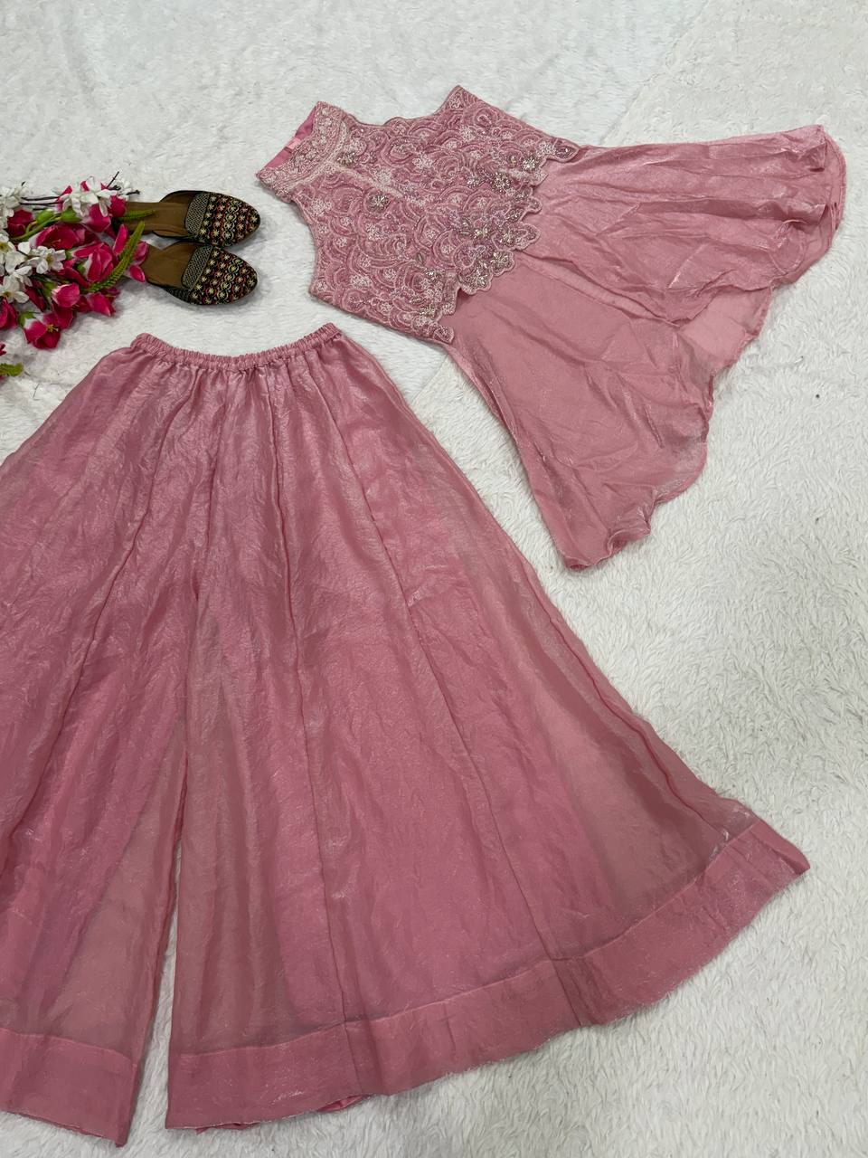 Elegant Blush Pink Peplum Kurti and Flared Palazzo Set Embellished with Delicate Resham Embroidery and Mirror Work